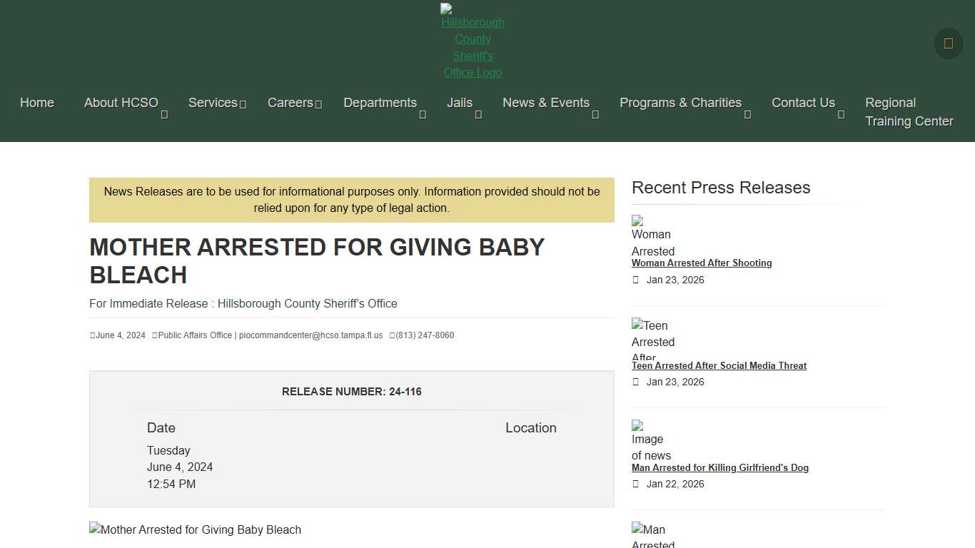 Mother Arrested for Giving Baby Bleach HCSO, Tampa, FL